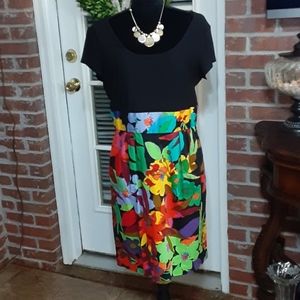 Madison Leigh black bodice colorful floral skirt short sleeve dress sz 14 EUC…